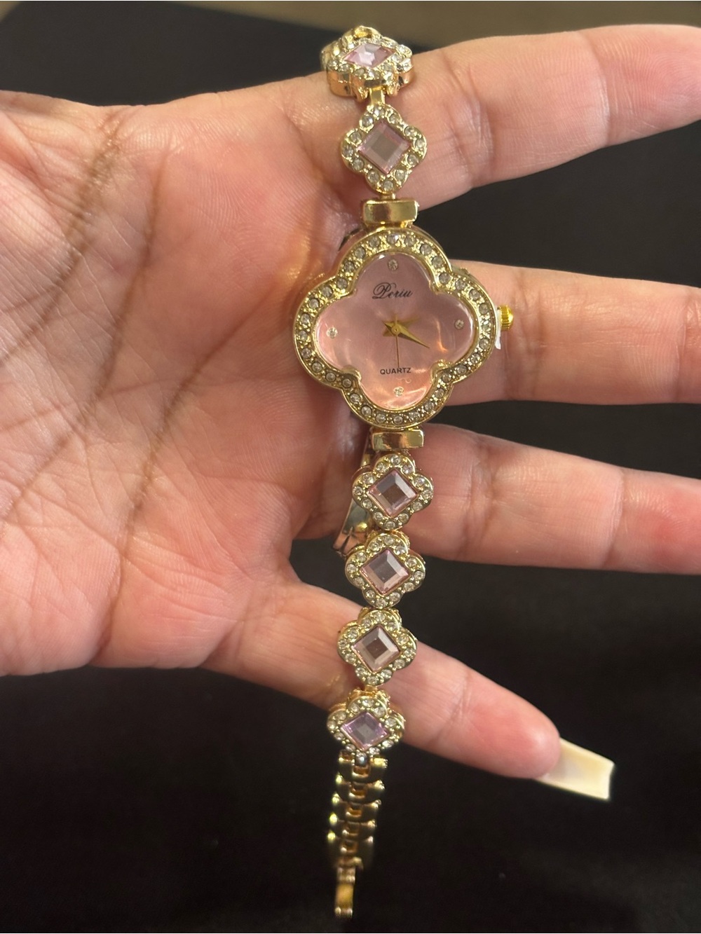 Pink and Gold Crystal Accent Women's Clover Bracelet Watch
